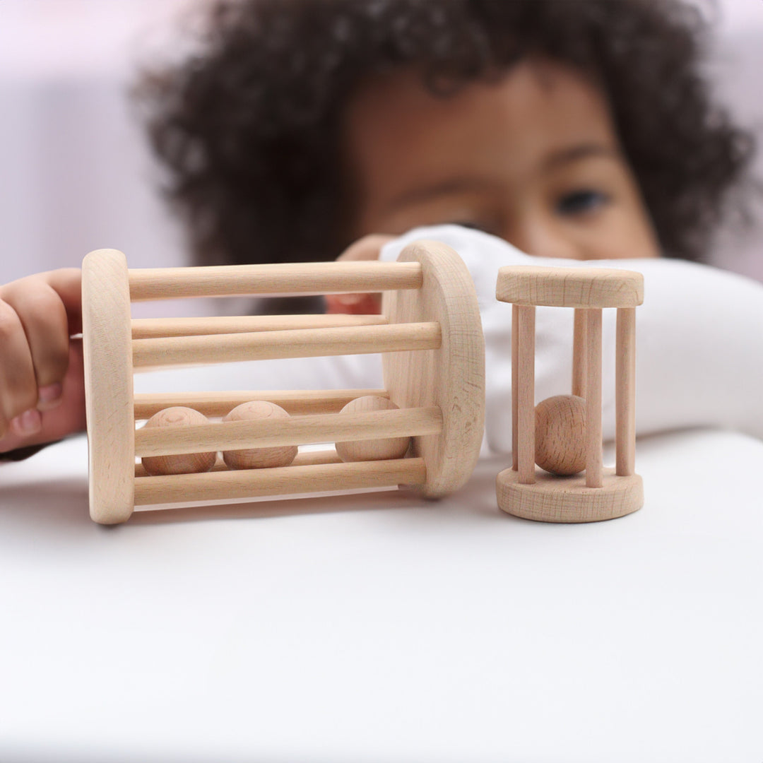 Set of 2 Wooden Ball Cylinder|Baby Rattle Toy|Kids Bell Cylinder|Montessori Rattle Roller|Organic Infant Toy|Wooden Safe Baby Birthday Gift