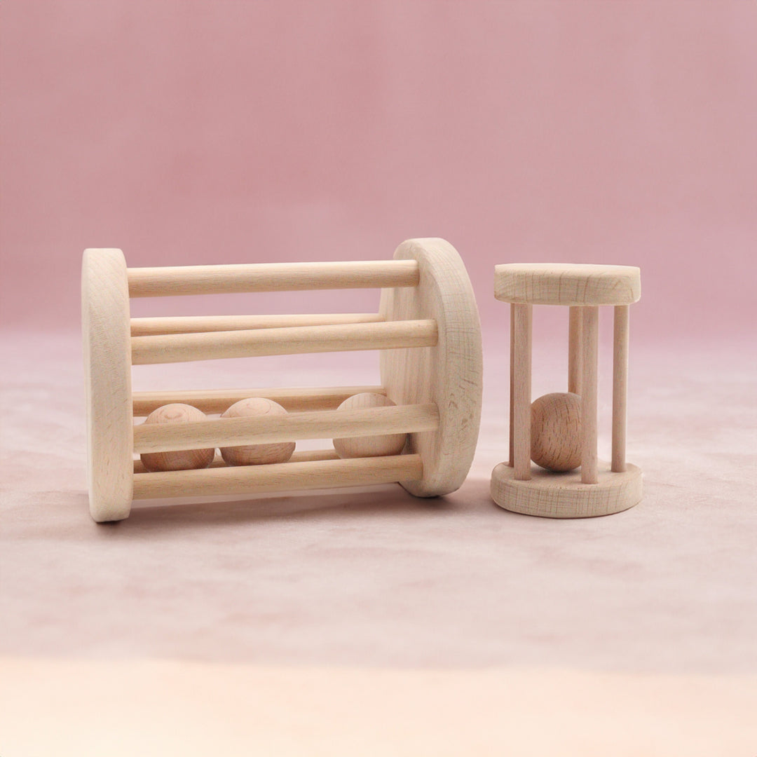 Set of 2 Wooden Ball Cylinder|Baby Rattle Toy|Kids Bell Cylinder|Montessori Rattle Roller|Organic Infant Toy|Wooden Safe Baby Birthday Gift