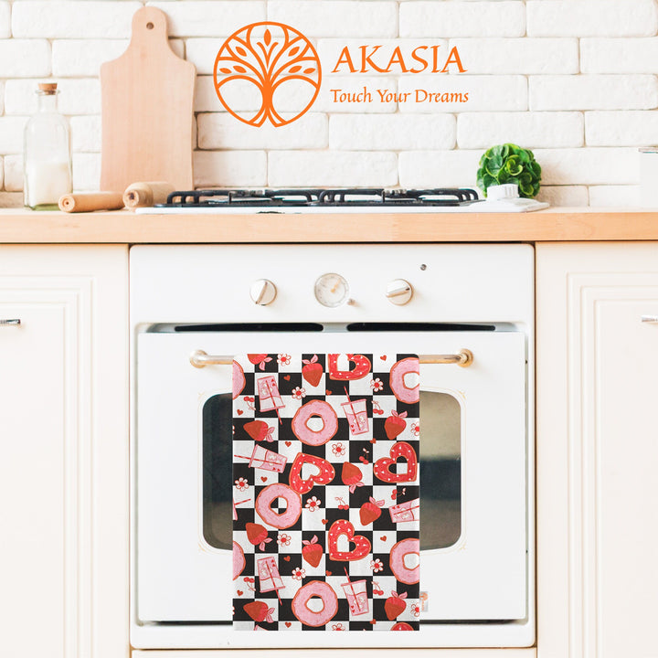 Valentine's Day Dish Cloth|Decorative Tea Towel|Heart Print Dishcloth|Romantic Dust Cloth|Checkered Hand Towel|Love Themed Kitchen Cloth