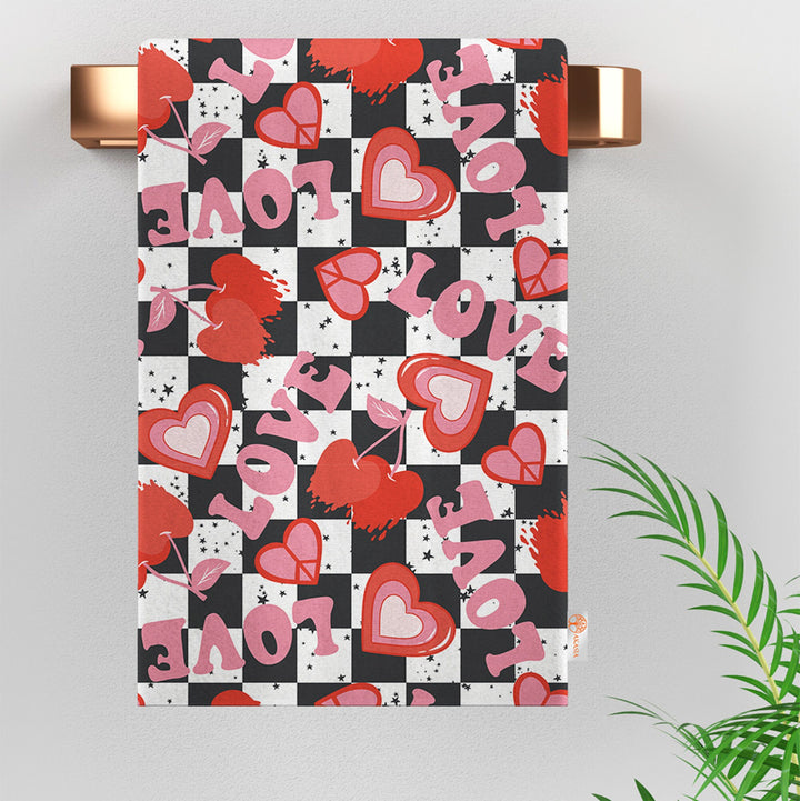 Valentine's Day Dish Cloth|Decorative Tea Towel|Heart Print Dishcloth|Romantic Dust Cloth|Checkered Hand Towel|Love Themed Kitchen Cloth