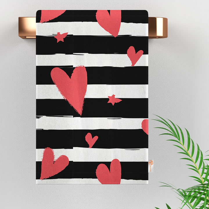 Heart Print Hand Towel|Love Themed Dishcloth|Striped Kitchen Cloth|Romantic Dust Cloth|Valentine's Day Tea Towel|Decorative Dish Cloth