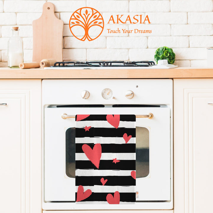 Heart Print Hand Towel|Love Themed Dishcloth|Striped Kitchen Cloth|Romantic Dust Cloth|Valentine's Day Tea Towel|Decorative Dish Cloth