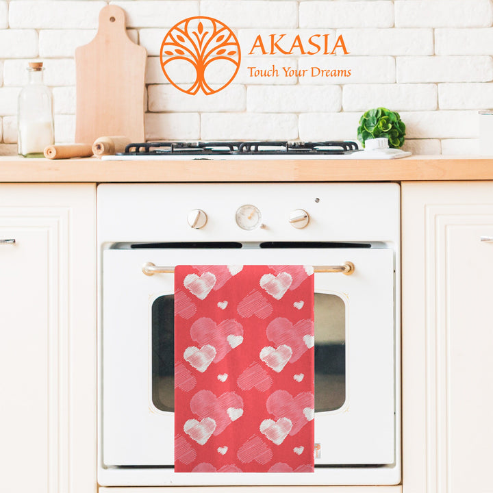 Heart Print Hand Towel|Love Themed Dishcloth|Striped Kitchen Cloth|Romantic Dust Cloth|Valentine's Day Tea Towel|Decorative Dish Cloth
