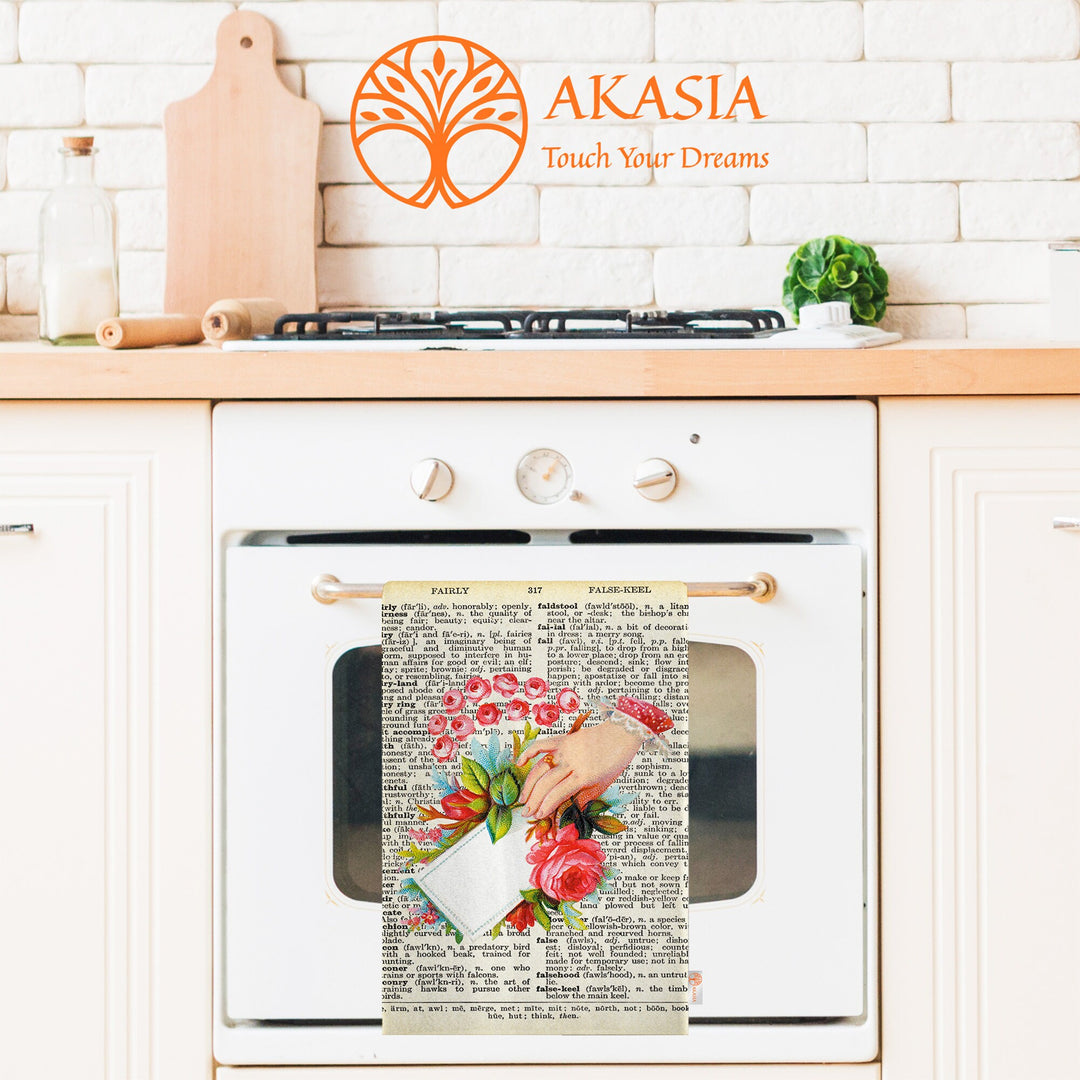 Romantic Dishcloth|Cupid Print Tea Towel|Valentine Dish Cloth|Dictionary Paper Design Kitchen Cloth|Love Themed Farmhouse Style Hand Towel