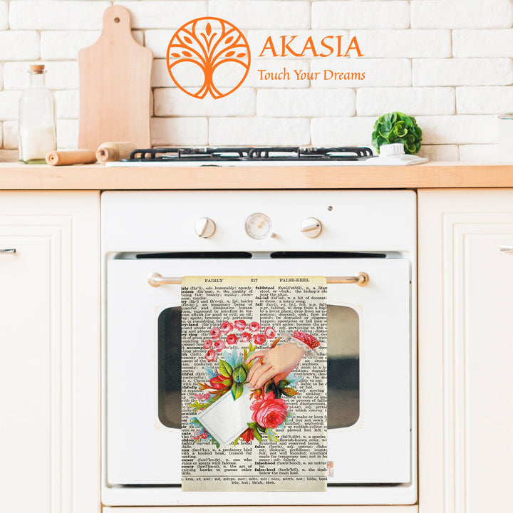 Romantic Dishcloth|Cupid Print Tea Towel|Valentine Dish Cloth|Dictionary Paper Design Kitchen Cloth|Love Themed Farmhouse Style Hand Towel