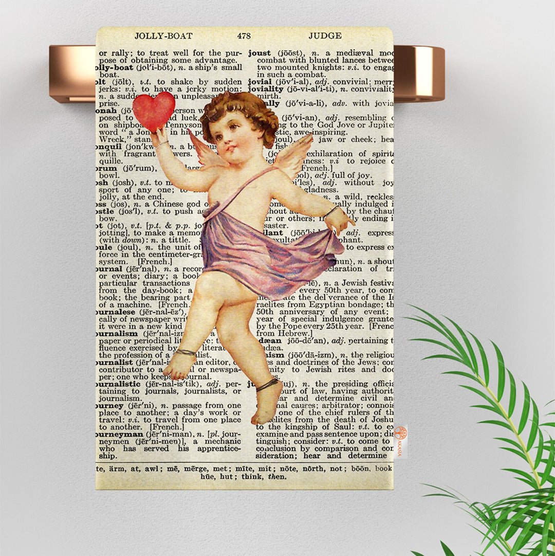 Romantic Dishcloth|Cupid Print Tea Towel|Valentine Dish Cloth|Dictionary Paper Design Kitchen Cloth|Love Themed Farmhouse Style Hand Towel