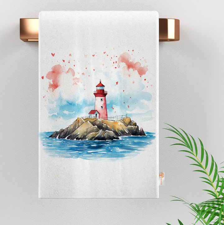 Lighthouse Print Tea Towel|Valentine Dishcloth|Heart and Bird Print Dish Cloth|Romantic Hand Towel|Love Themed Kitchen Cloth|Soft Hand Towel