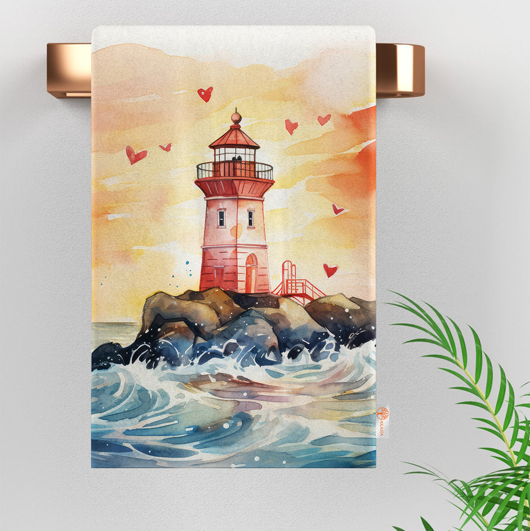 Lighthouse Print Tea Towel|Valentine Dishcloth|Heart and Bird Print Dish Cloth|Romantic Hand Towel|Love Themed Kitchen Cloth|Soft Hand Towel
