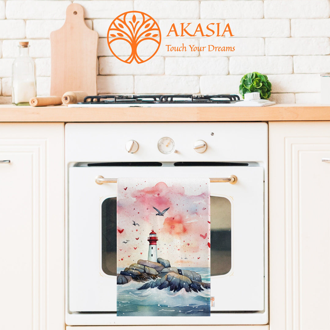 Lighthouse Print Tea Towel|Valentine Dishcloth|Heart and Bird Print Dish Cloth|Romantic Hand Towel|Love Themed Kitchen Cloth|Soft Hand Towel