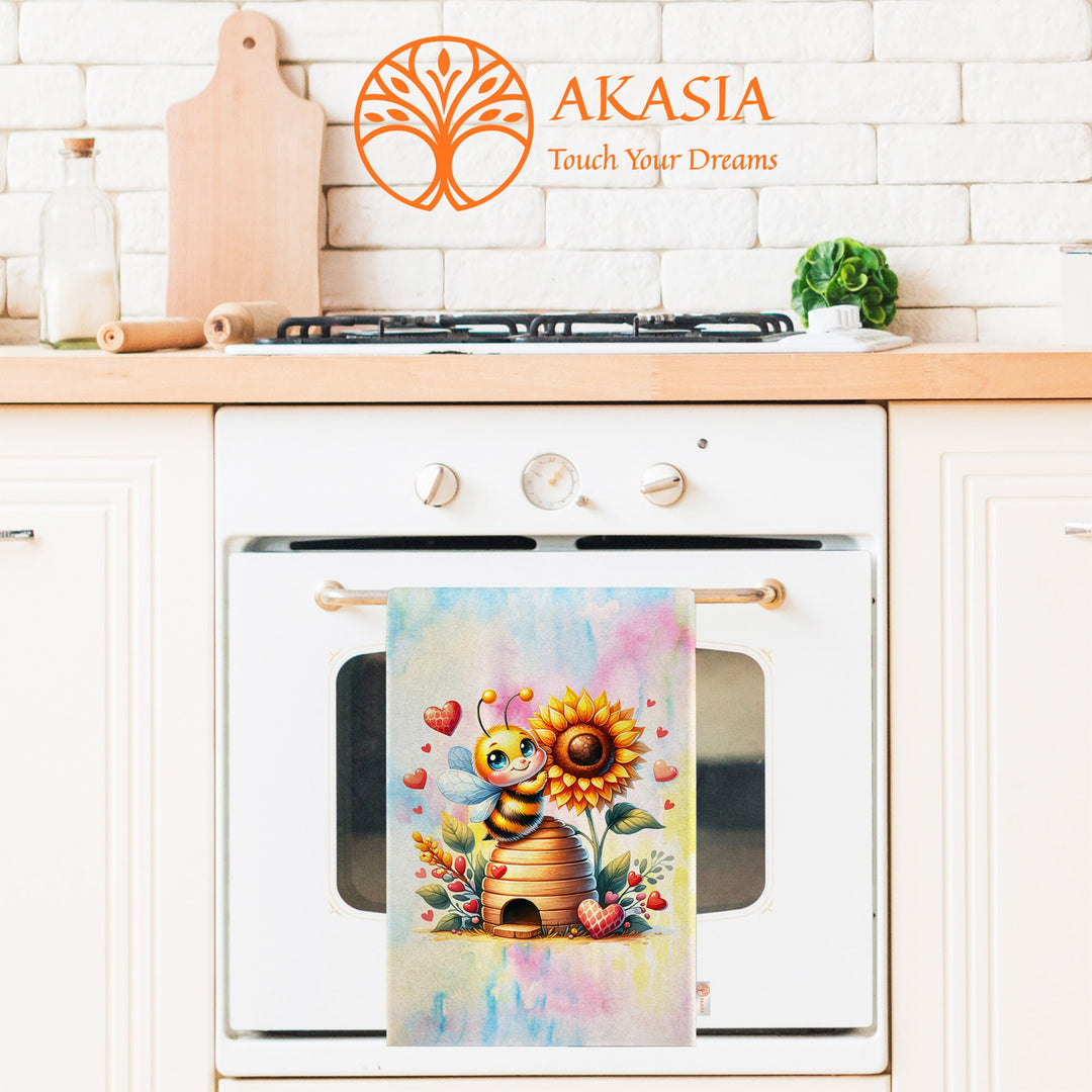 Cute Bee Tea Towel|Sunflower Print Kitchen Cloth|Honey Print Romantic Dish Cloth|Love Themed Hand Towel|Valentine Dishcloth|Bathroom Towel