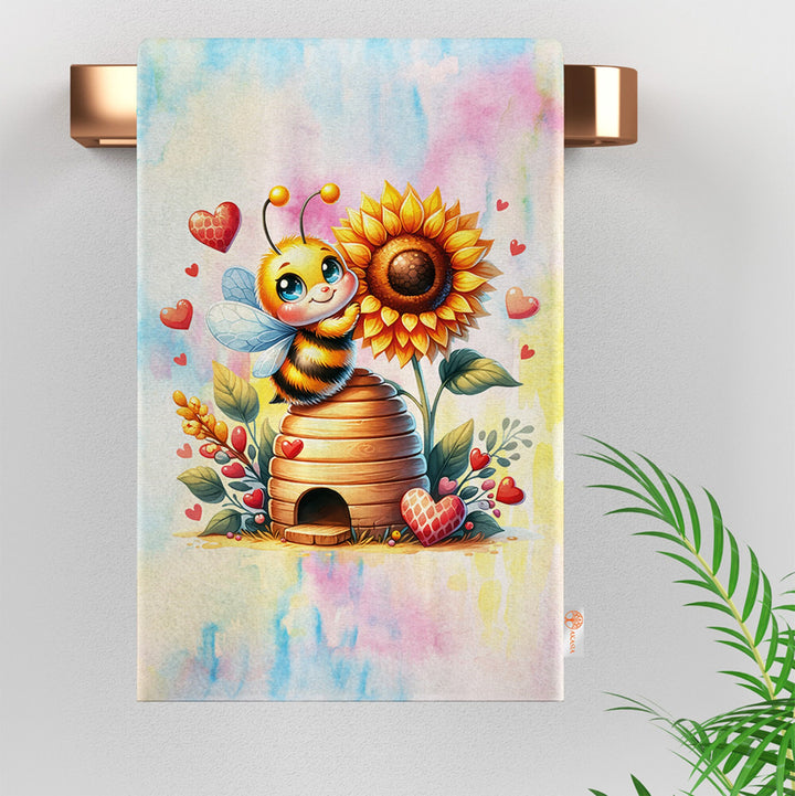 Cute Bee Tea Towel|Sunflower Print Kitchen Cloth|Honey Print Romantic Dish Cloth|Love Themed Hand Towel|Valentine Dishcloth|Bathroom Towel