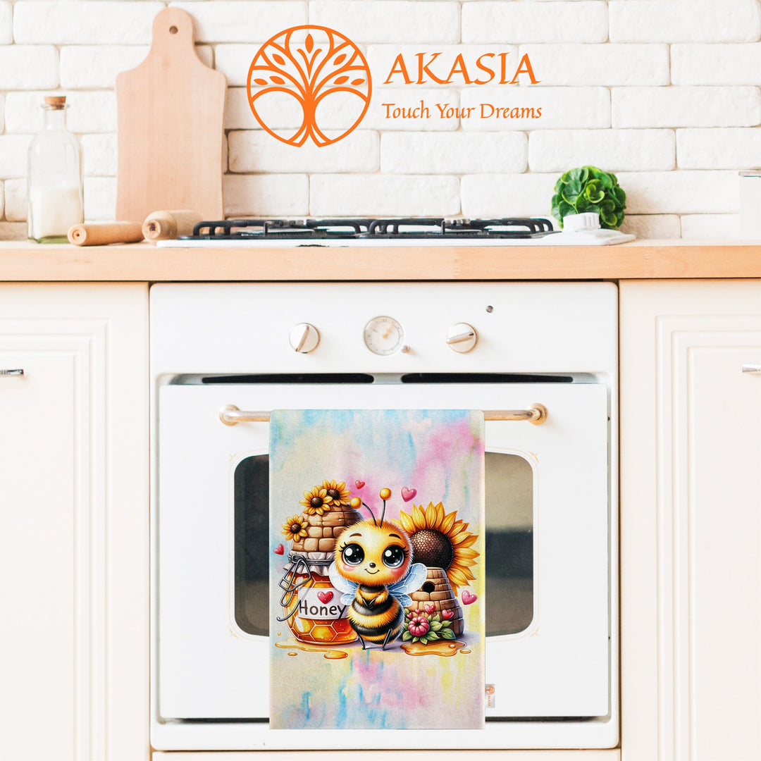 Cute Bee Tea Towel|Sunflower Print Kitchen Cloth|Honey Print Romantic Dish Cloth|Love Themed Hand Towel|Valentine Dishcloth|Bathroom Towel