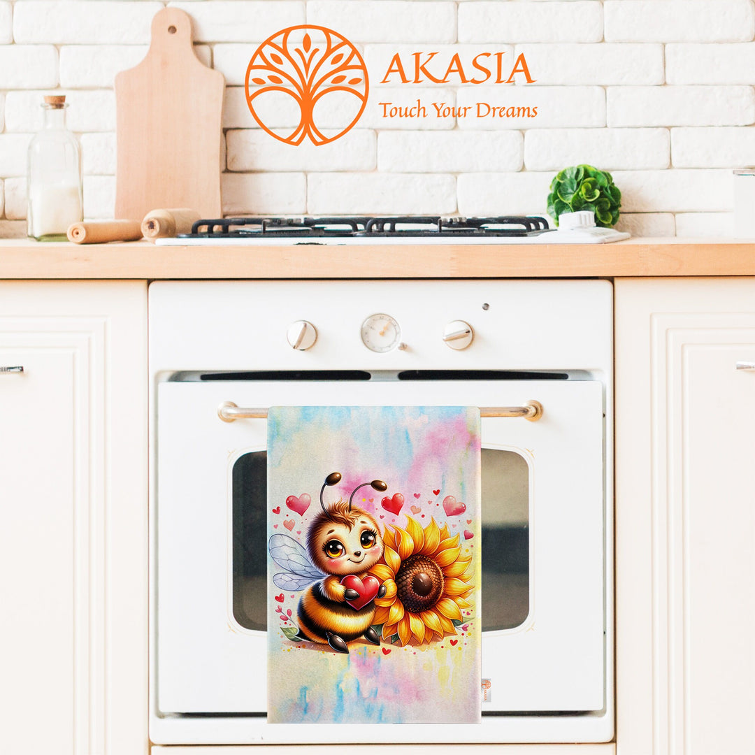 Cute Bee Tea Towel|Sunflower Print Kitchen Cloth|Honey Print Romantic Dish Cloth|Love Themed Hand Towel|Valentine Dishcloth|Bathroom Towel