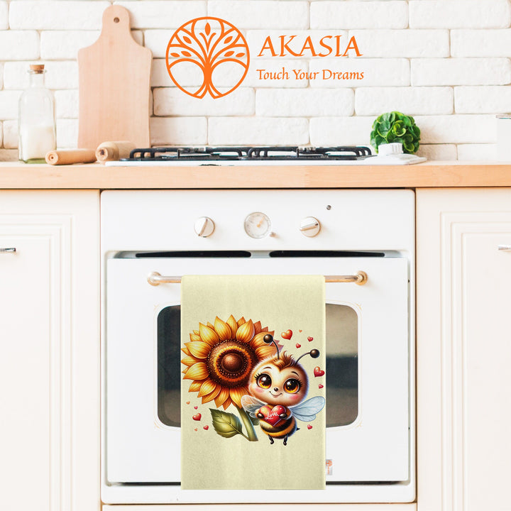 Cute Bee Hand Towel|Love Themed Dish Cloth|Valentine Kitchen Cloth|Heart Print Tea Towel|Sunflower Print Dishcloth|Gift For V-Day Idea