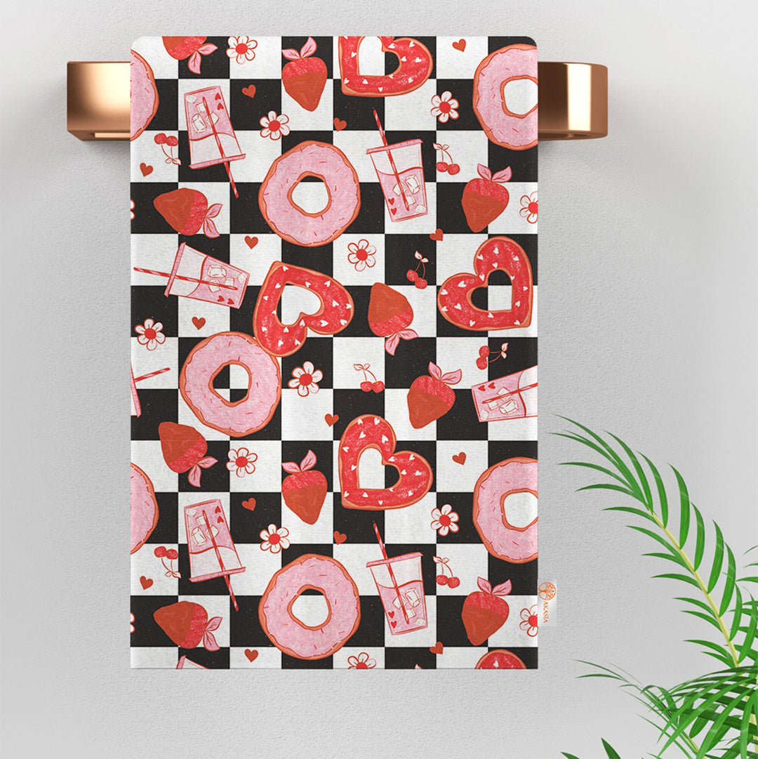 Valentine's Day Dish Cloth|Decorative Tea Towel|Heart Print Dishcloth|Romantic Dust Cloth|Checkered Hand Towel|Love Themed Kitchen Cloth