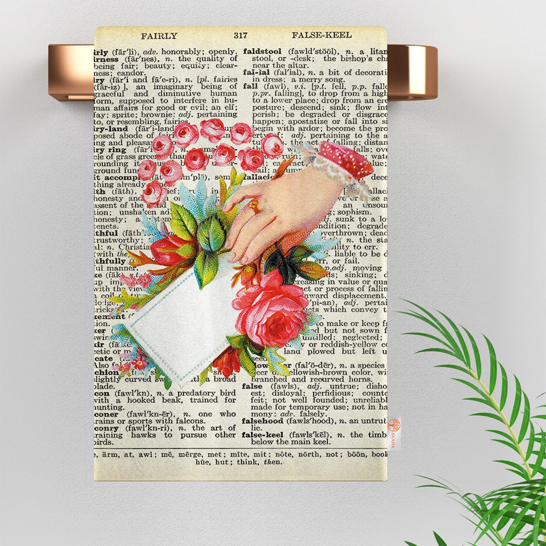 Romantic Dishcloth|Cupid Print Tea Towel|Valentine Dish Cloth|Dictionary Paper Design Kitchen Cloth|Love Themed Farmhouse Style Hand Towel