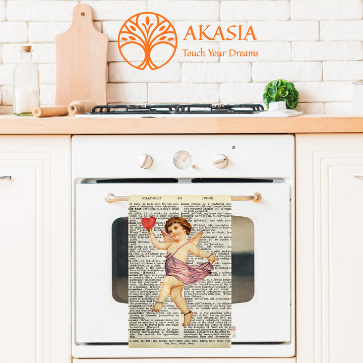 Romantic Dishcloth|Cupid Print Tea Towel|Valentine Dish Cloth|Dictionary Paper Design Kitchen Cloth|Love Themed Farmhouse Style Hand Towel