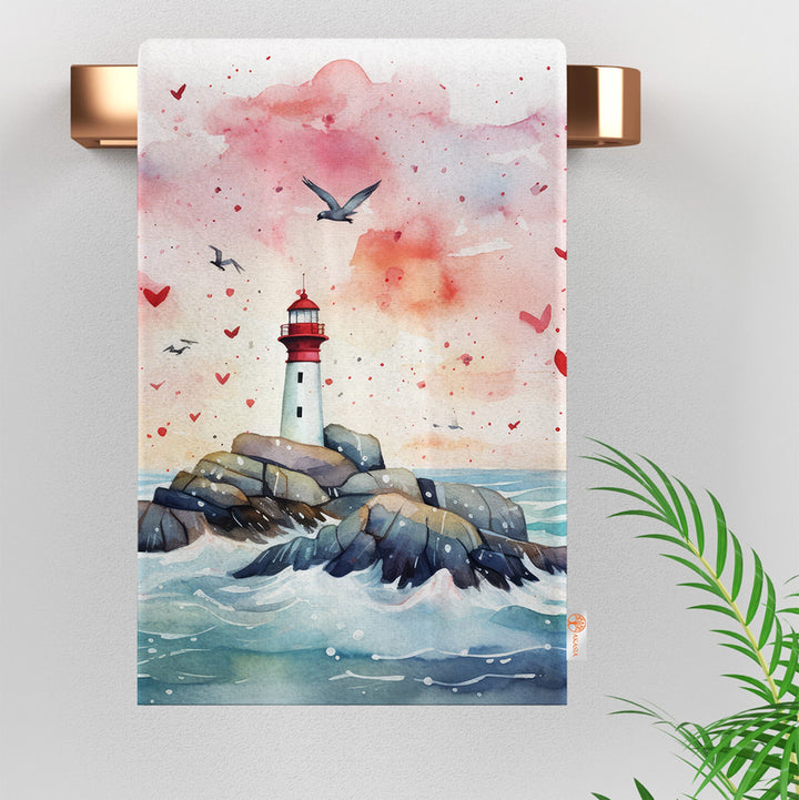 Lighthouse Print Tea Towel|Valentine Dishcloth|Heart and Bird Print Dish Cloth|Romantic Hand Towel|Love Themed Kitchen Cloth|Soft Hand Towel