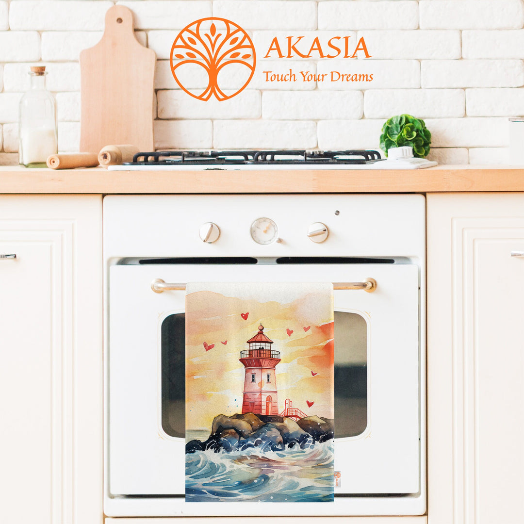 Lighthouse Print Tea Towel|Valentine Dishcloth|Heart and Bird Print Dish Cloth|Romantic Hand Towel|Love Themed Kitchen Cloth|Soft Hand Towel