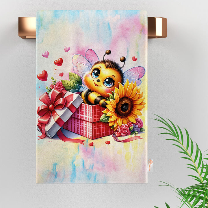 Cute Bee Tea Towel|Sunflower Print Kitchen Cloth|Honey Print Romantic Dish Cloth|Love Themed Hand Towel|Valentine Dishcloth|Bathroom Towel
