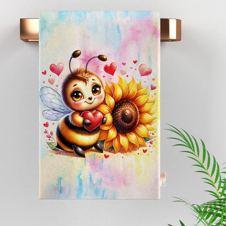 Cute Bee Tea Towel|Sunflower Print Kitchen Cloth|Honey Print Romantic Dish Cloth|Love Themed Hand Towel|Valentine Dishcloth|Bathroom Towel