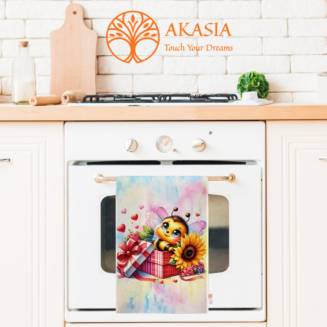 Cute Bee Tea Towel|Sunflower Print Kitchen Cloth|Honey Print Romantic Dish Cloth|Love Themed Hand Towel|Valentine Dishcloth|Bathroom Towel
