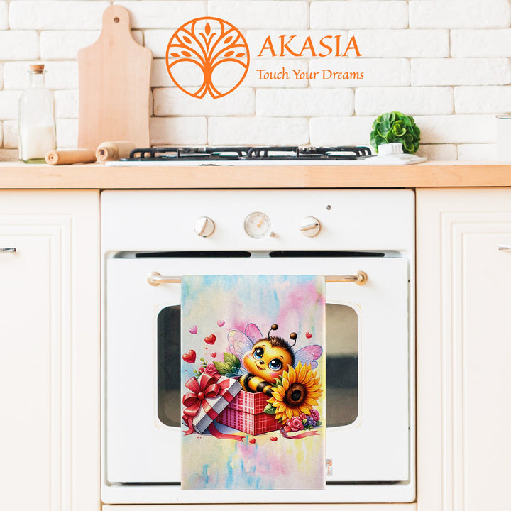Cute Bee Tea Towel|Sunflower Print Kitchen Cloth|Honey Print Romantic Dish Cloth|Love Themed Hand Towel|Valentine Dishcloth|Bathroom Towel