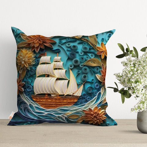 Sailing Ship Cushion Case|Nautical Pillow Cover|Coastal Home Decor|Starfish Throw Pillow Case|Navy Marine Cushion|Sea Wave Outdoor Pillow