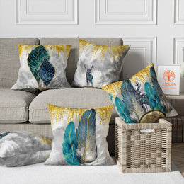 Decorative Emerald Pillow Case|Blue Leaf Pillow Cover|Deer Print Cushion Case|Housewarming Throw Pillowtop|Farmhouse Spring Trend Decor