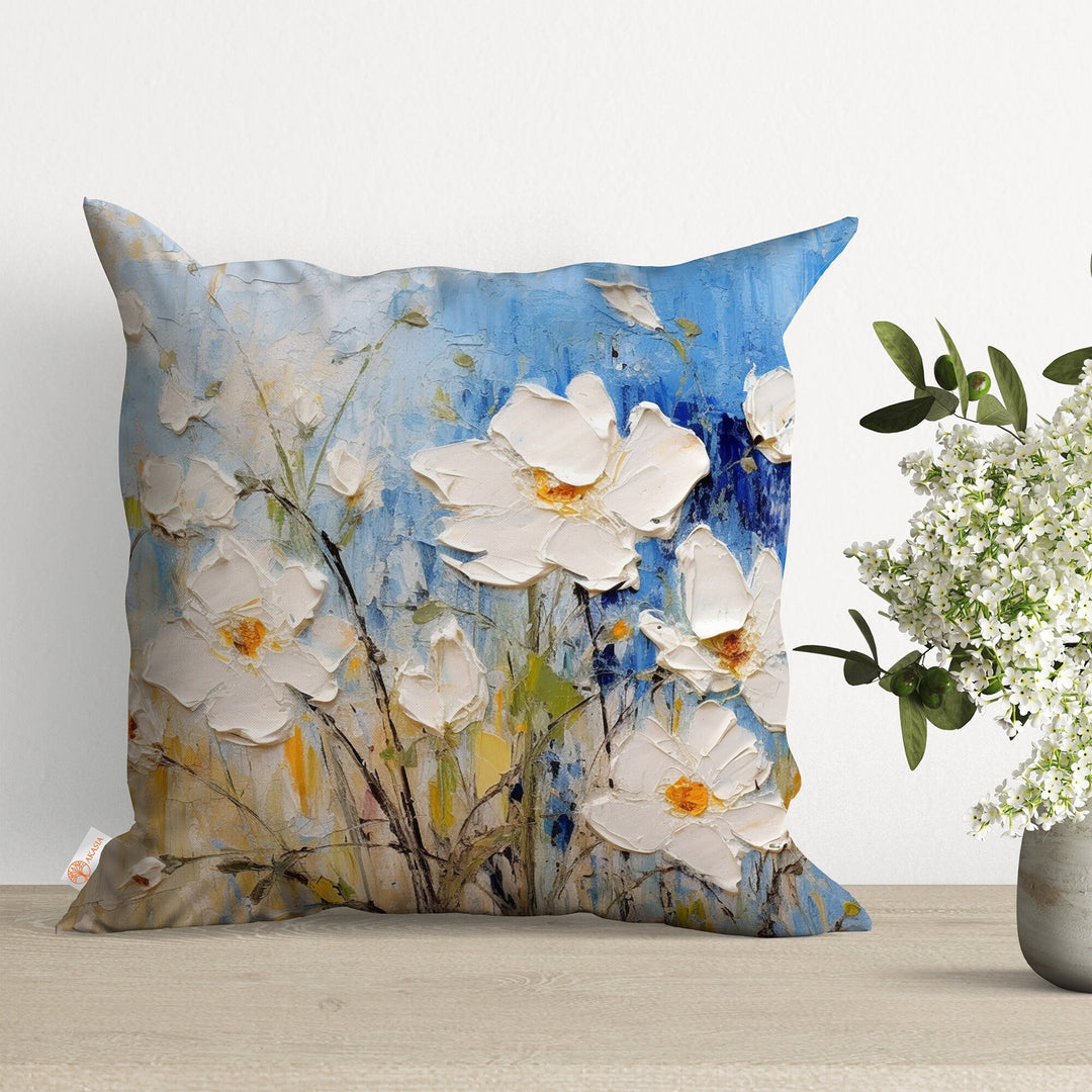 Floral Art Pillow Cover|Daisy Cushion Case|Sofa Throw Pillow|Turquoise Flower Pillowtop|Boho Bedding Decor|Cozy Pillowcase|Outdoor Cushion