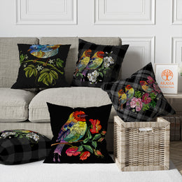 Embroidery Art Looking Bird Print Pillow Cover|Summer Cushion Case|Sofa Throw Pillow|Farmhouse Pillowtop|Boho Bedding Decor|Outdoor Cushion