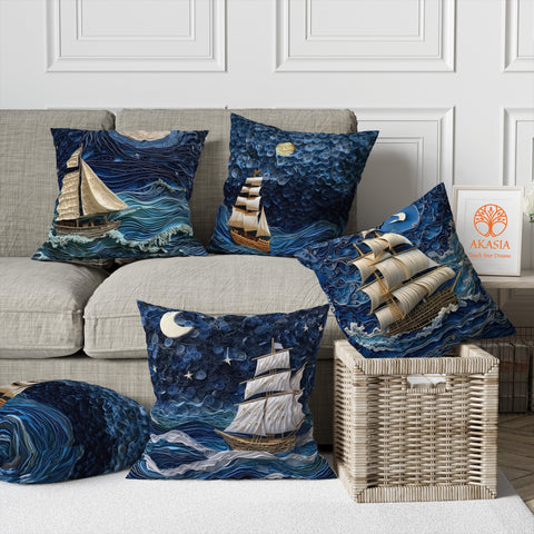 Sea Themed Cushion Case|Sailing Ship Home Decor|Coastal Outdoor Pillowcase|Navy Marine Cushion Cover|Nautical Pillow Cover|Cozy Throw Pillow