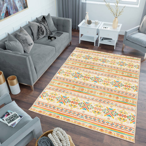 Terracotta Carpet|Rug Design Rug|Aztec Floor Covering|Kilim Pattern Non-Slip Carpet|Ethnic Fringed Machine-Washable Rug|Farmhouse Carpet