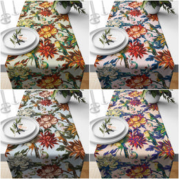 Floral Bird Table Runner|Tropical Tablecloth|Flower Home Decor|Housewarming Rectangle Runner|Farmhouse Style Decorative Floral Tabletop