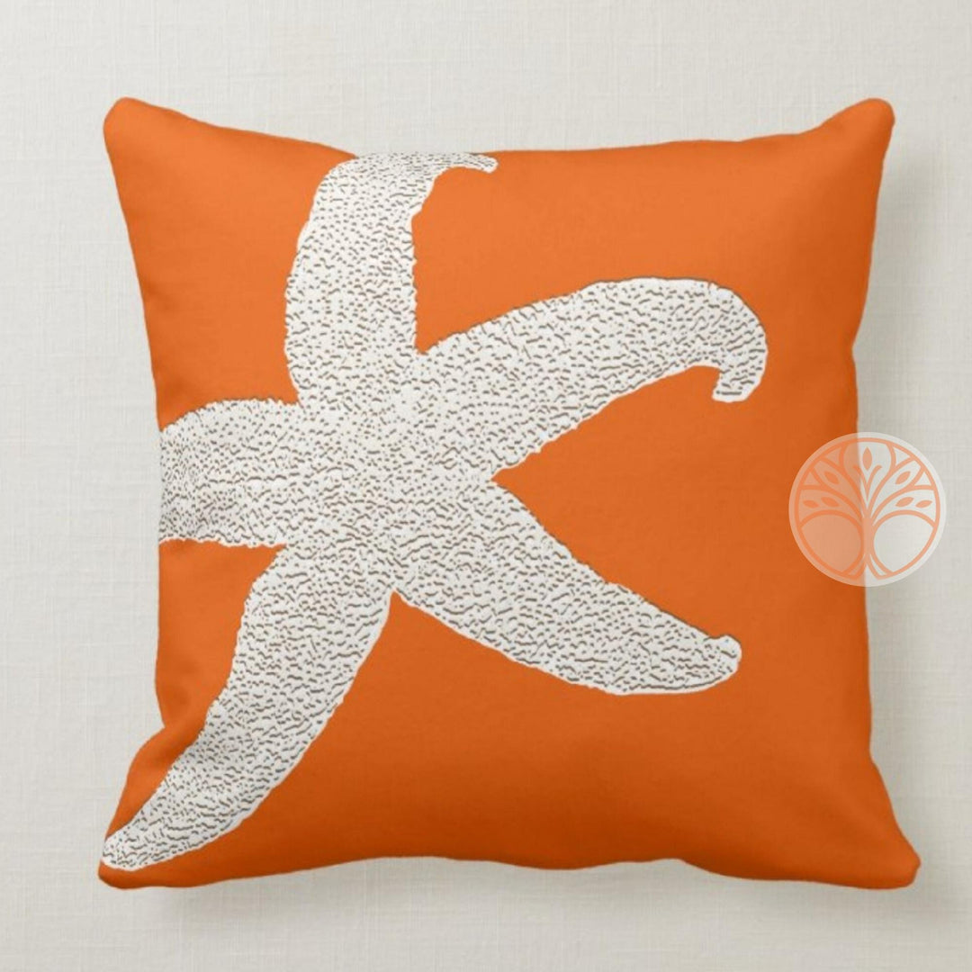 Beach House Pillow Case|Orange Pillow Cover|Decorative Nautical Cushions|Coastal Throw Pillow Top|Orange Starfish Home Decor|Nautical Decor