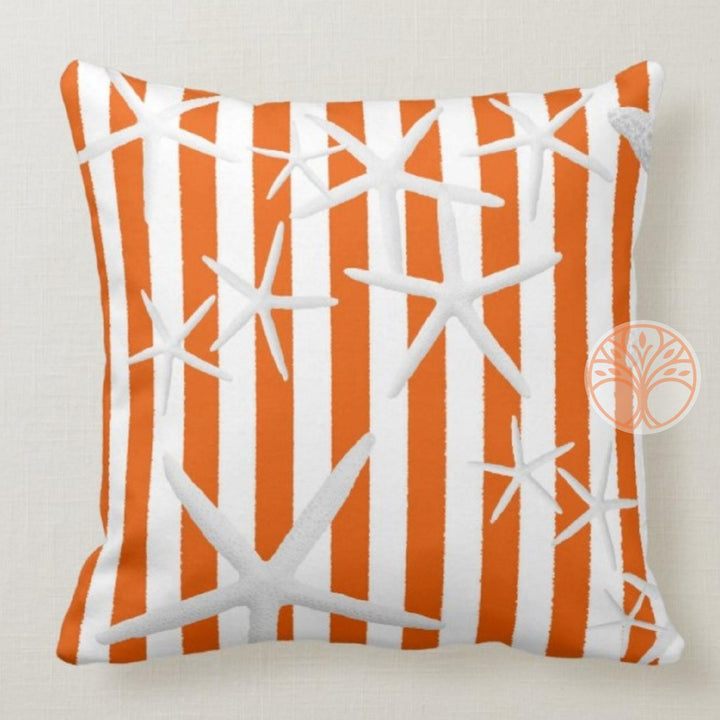 Beach House Pillow Case|Orange Pillow Cover|Decorative Nautical Cushions|Coastal Throw Pillow Top|Orange Starfish Home Decor|Nautical Decor