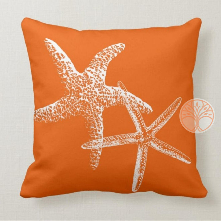 Beach House Pillow Case|Orange Pillow Cover|Decorative Nautical Cushions|Coastal Throw Pillow Top|Orange Starfish Home Decor|Nautical Decor