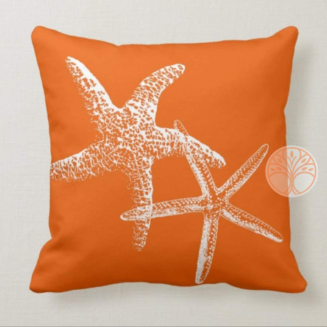 Beach House Pillow Case|Orange Pillow Cover|Decorative Nautical Cushions|Coastal Throw Pillow Top|Orange Starfish Home Decor|Nautical Decor