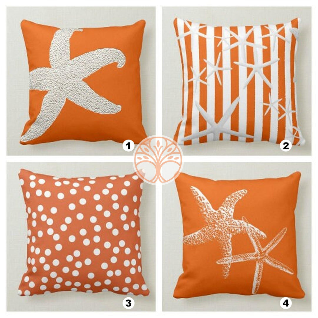 Beach House Pillow Case|Orange Pillow Cover|Decorative Nautical Cushions|Coastal Throw Pillow Top|Orange Starfish Home Decor|Nautical Decor