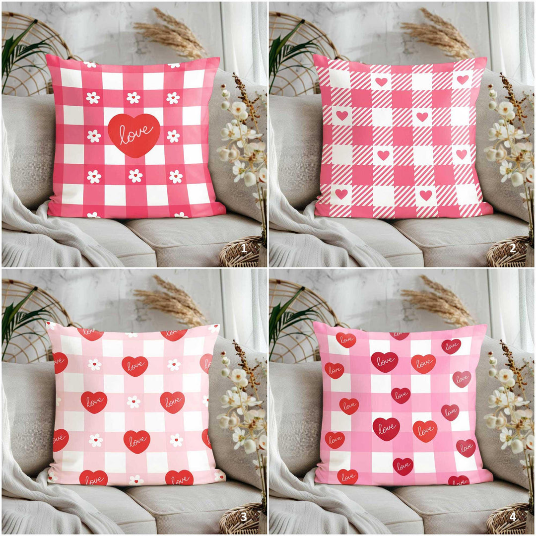 Plaid Valentine Pillowtop|Love Print Romantic Pillowcase|Red Heart Design 14 February Cushion Cover|V-Day Cushion Case|Decorative Pillow