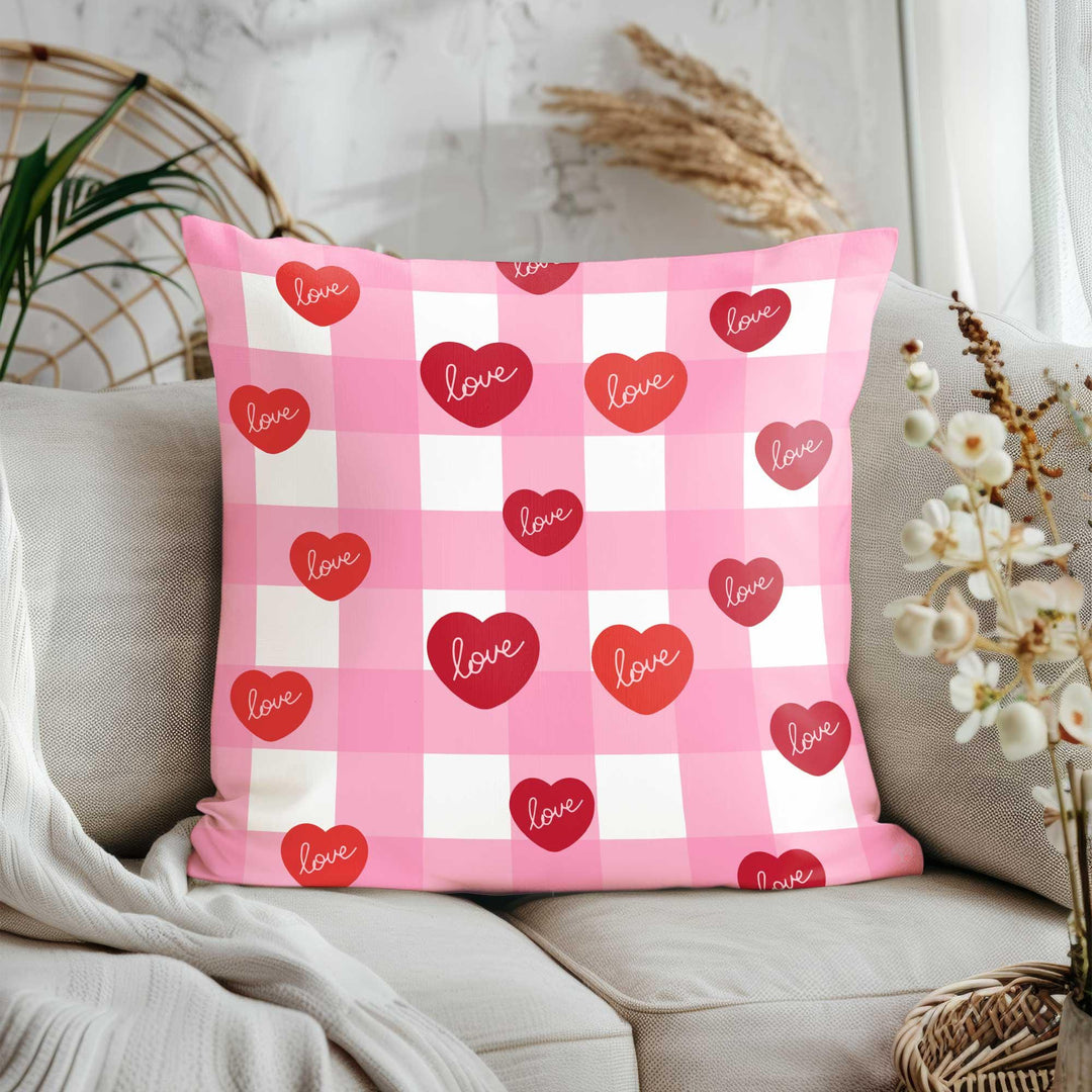 Plaid Valentine Pillowtop|Love Print Romantic Pillowcase|Red Heart Design 14 February Cushion Cover|V-Day Cushion Case|Decorative Pillow