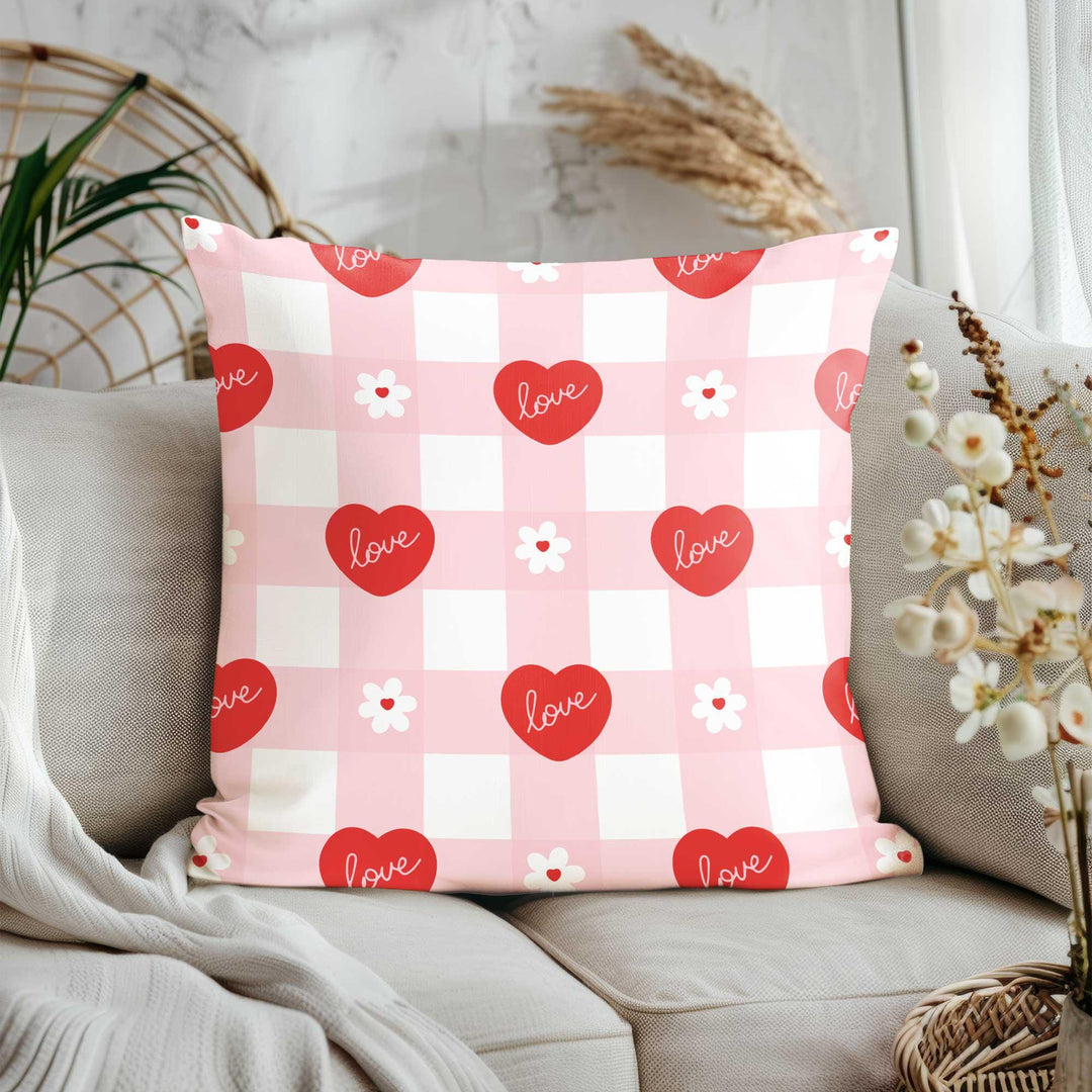 Plaid Valentine Pillowtop|Love Print Romantic Pillowcase|Red Heart Design 14 February Cushion Cover|V-Day Cushion Case|Decorative Pillow