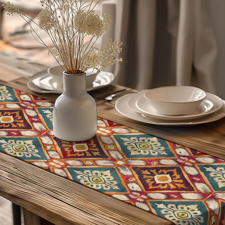 Cultural Table Runner|Eclectic Dining Table|Bohemian Tablecloth|Tribal Look Runner|Rustic Tribal Decor|Bold Ikat Design|Southwestern Runner