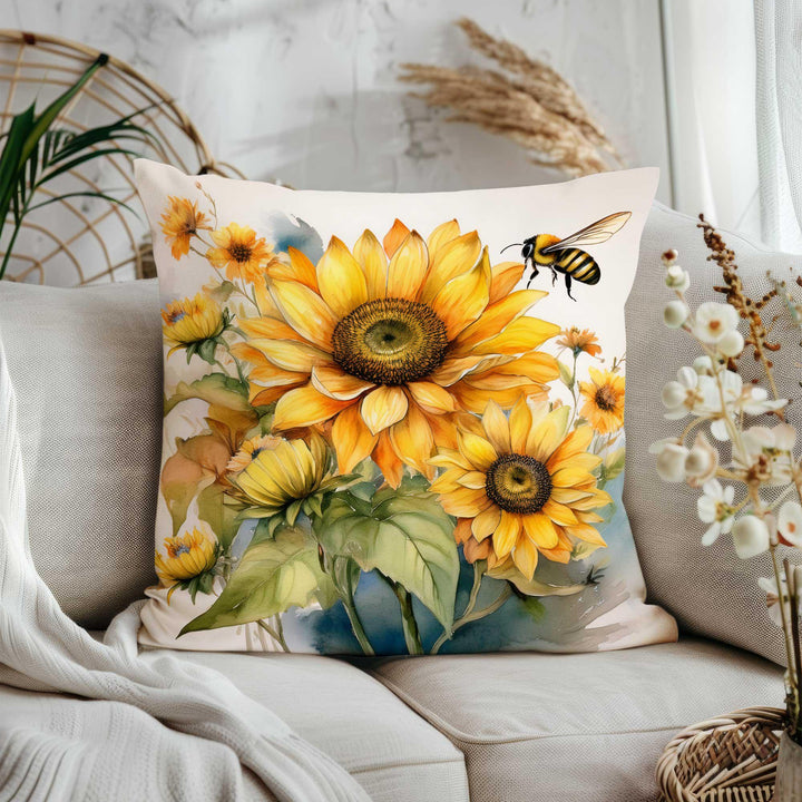 Floral Bee Print Throw Pillowcase|Honeycomb Cushion Cover|Housewarming Pillow Cover|Farmhouse Home Decor|Sunflower Pillowtop
