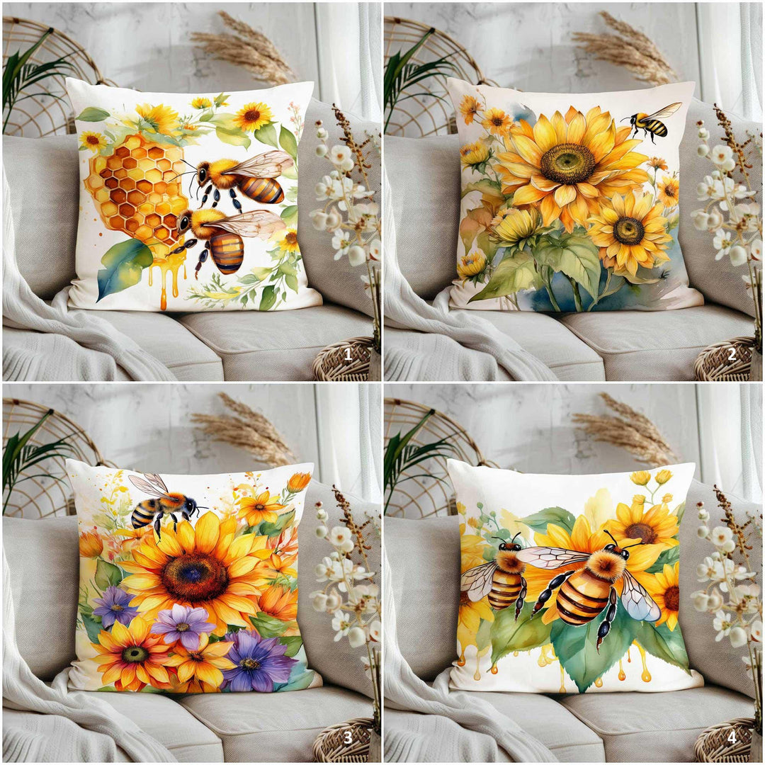 Floral Bee Print Throw Pillowcase|Honeycomb Cushion Cover|Housewarming Pillow Cover|Farmhouse Home Decor|Sunflower Pillowtop