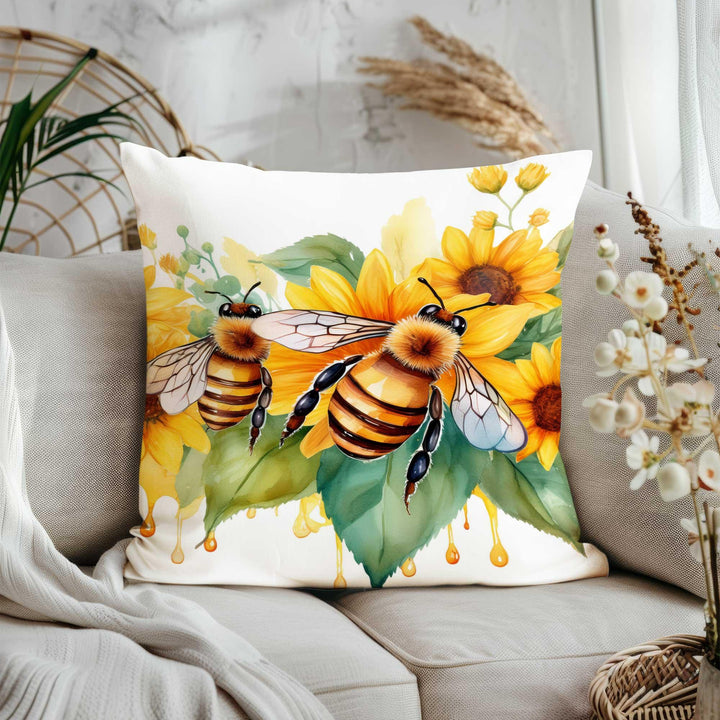 Floral Bee Print Throw Pillowcase|Honeycomb Cushion Cover|Housewarming Pillow Cover|Farmhouse Home Decor|Sunflower Pillowtop