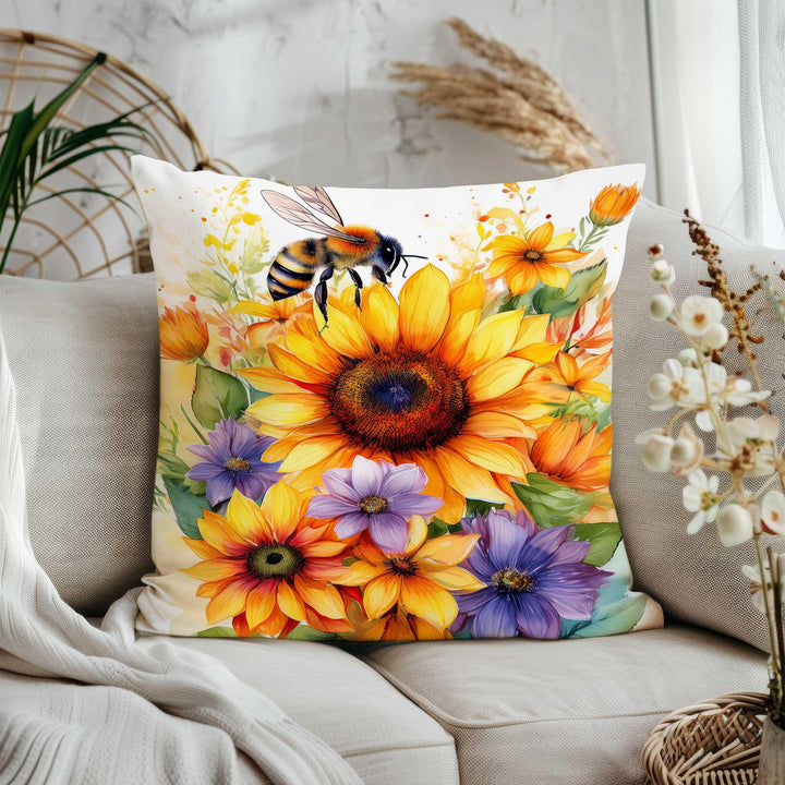 Floral Bee Print Throw Pillowcase|Honeycomb Cushion Cover|Housewarming Pillow Cover|Farmhouse Home Decor|Sunflower Pillowtop