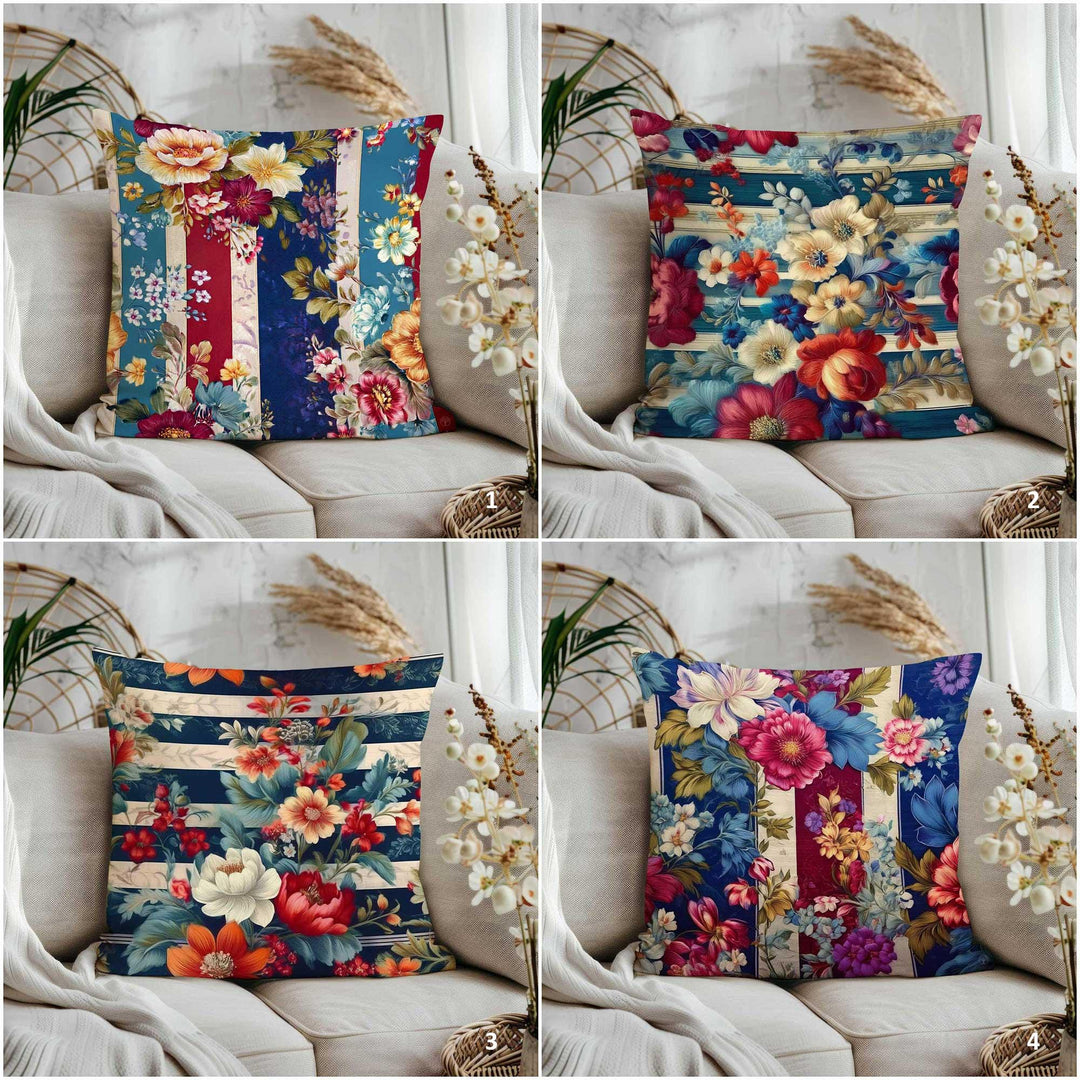 Cozy Striped Floral Cushion Cover|Housewarming Home Decor|Farmhouse Throw Pillowcase|Summer Trend Pillow Cover|Floral Pillowtop