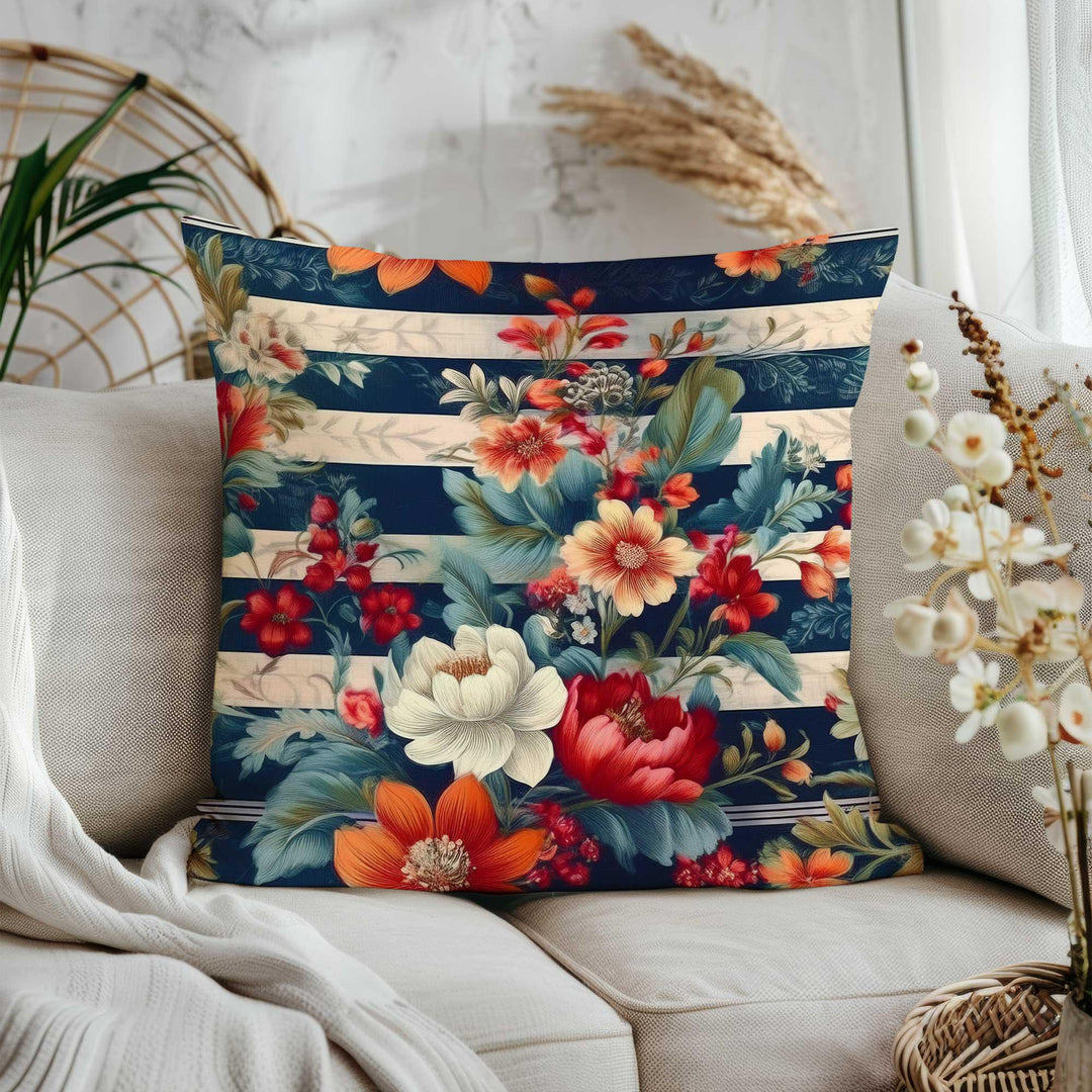 Cozy Striped Floral Cushion Cover|Housewarming Home Decor|Farmhouse Throw Pillowcase|Summer Trend Pillow Cover|Floral Pillowtop