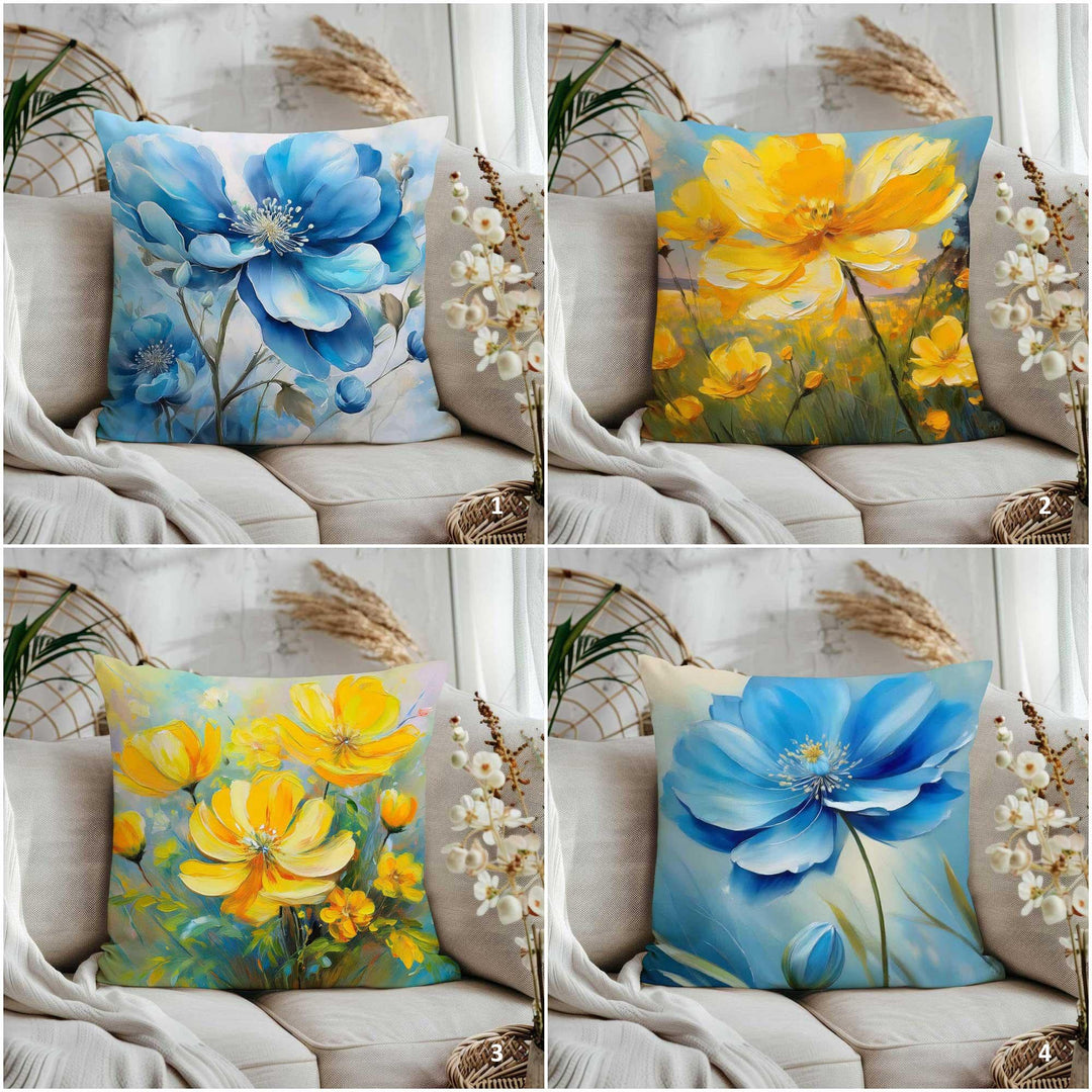 Blue Yellow Flower Pillowtop|Housewarming Pillow Cover|Decorative Throw Pillowcase|Summer Trend Cushion Cover|Farmhouse Home Decor